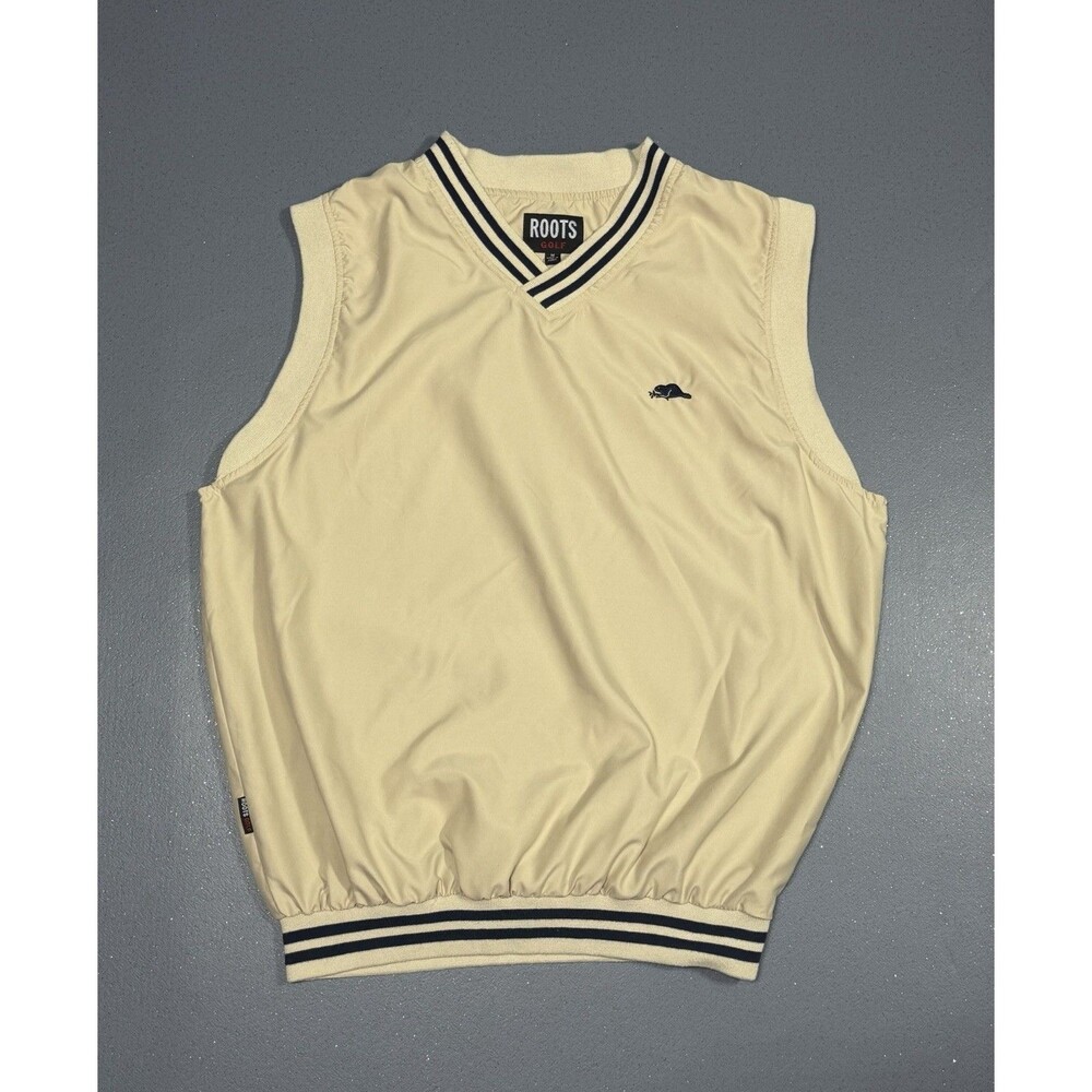 Vintage 90s Roots Golf V Neck Windbreak Vest Mens Medium Beige Beaver Logo